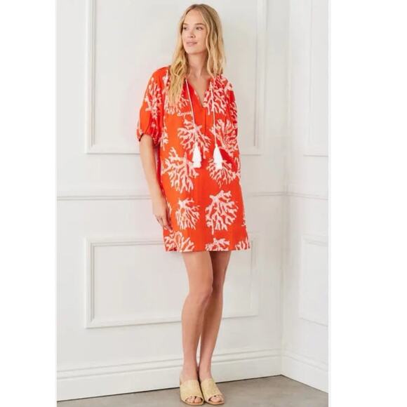 Karen Kane cotton mini dress puff sleeve Coral print sz Small Coastal Boho Chic - Picture 1 of 12